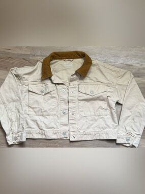 Weekend Academy Cropped Beige Jean Jacket with Brown Corduroy Collar